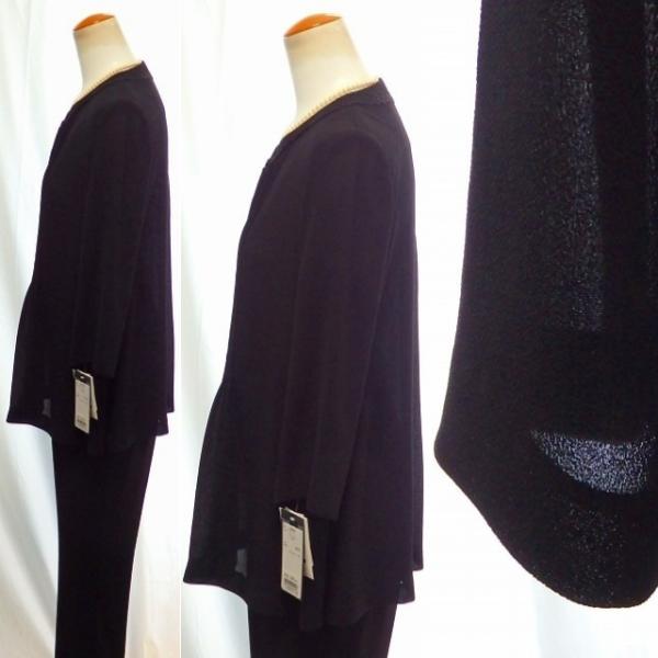 着丈長め 小花レース さらさら肌ざわり 日本製 通気性抜群 チュニックタイプ ピンタック入り ジャケット+パンツ ブラックフォーマル 夏パンツスーツ 着丈長め 小花レース さらさら肌ざわり 日本製 通気性抜群 チュニック