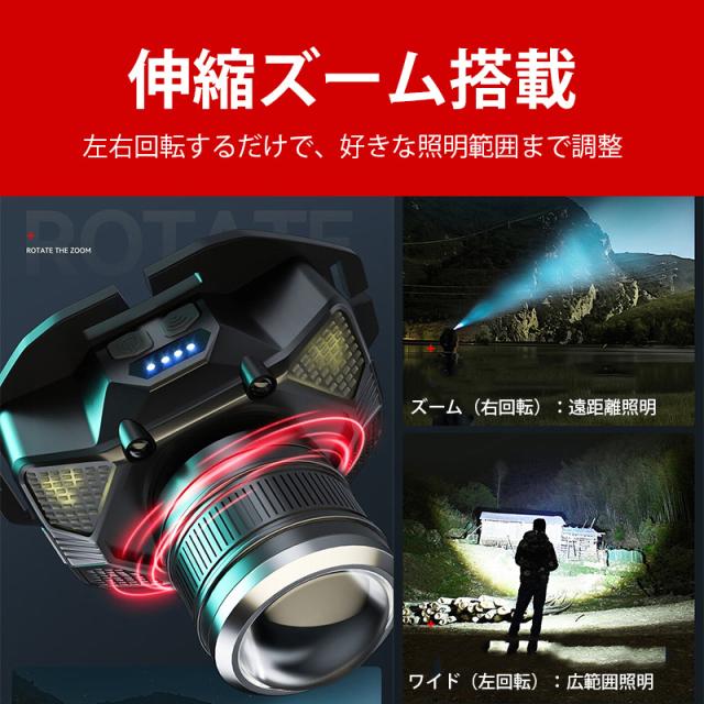 ヘッドライト 充電式 LED 明るい 5つランプビーズ 6つ点灯モード センサー/記憶機能付き 90°角度調整可能 電池残量指示 防水/防災 夜釣り/自転車/登山/キャンプ/散歩