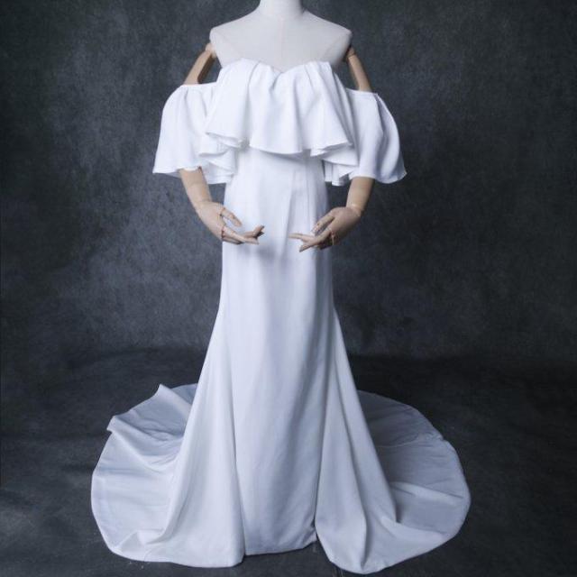 エレガント パーティードレス オフホワイト オフショルダー クレープ生地 ファスナー 2次会 前撮りの通販は