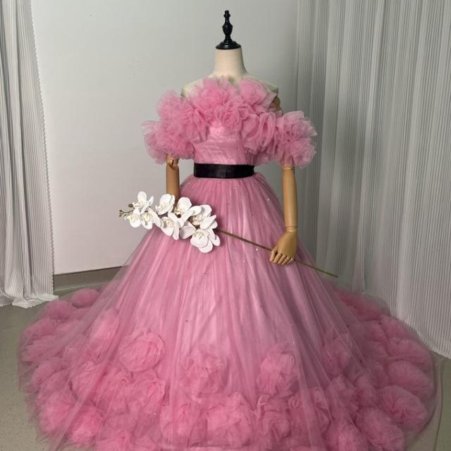 美品！パーティードレス ピンク オフショルダー 花モチーフ ベルト ハンドビーディング 前撮り