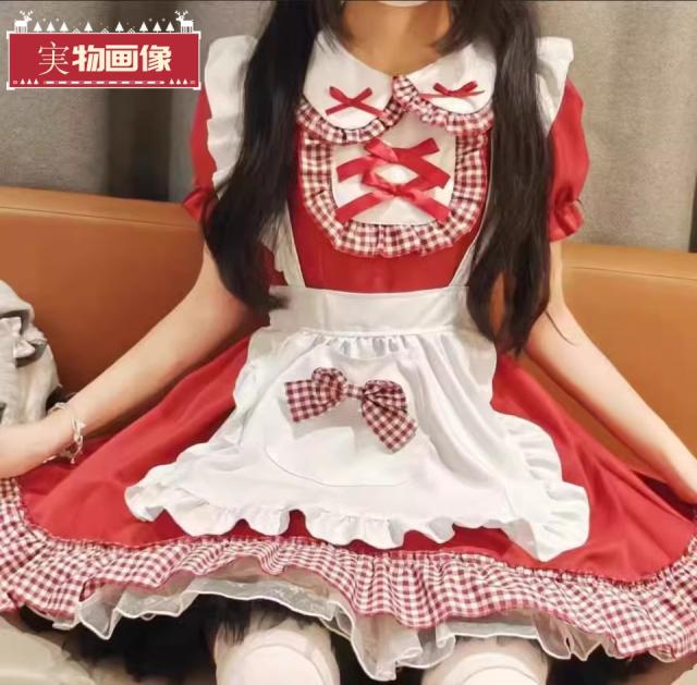 即納　クリスマス風衣装　秋冬用レディース日系可愛い風メイド服、二次元少女用赤色ロリータワンピース　　ワンピース＋パニエ＋ソックスの通販は 7,199円