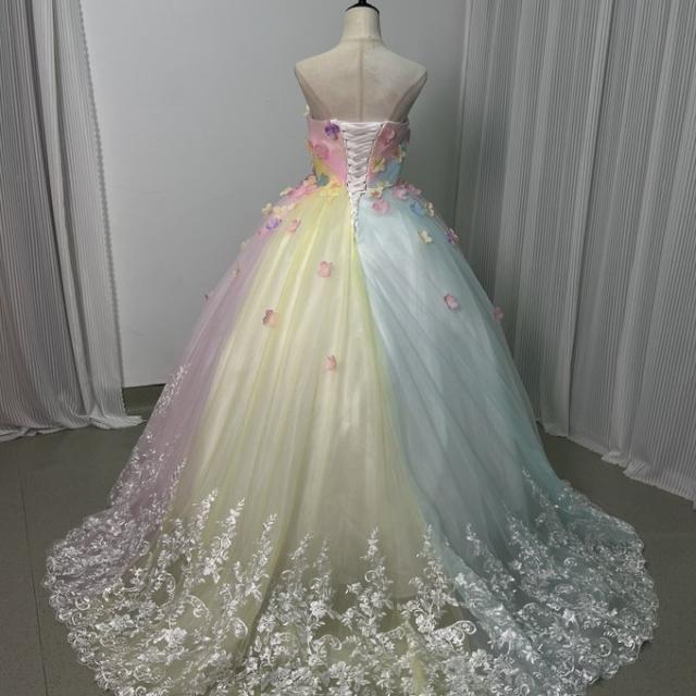 豪華！レインボー パーティードレス ベアトップ 豪華なバックリボン  