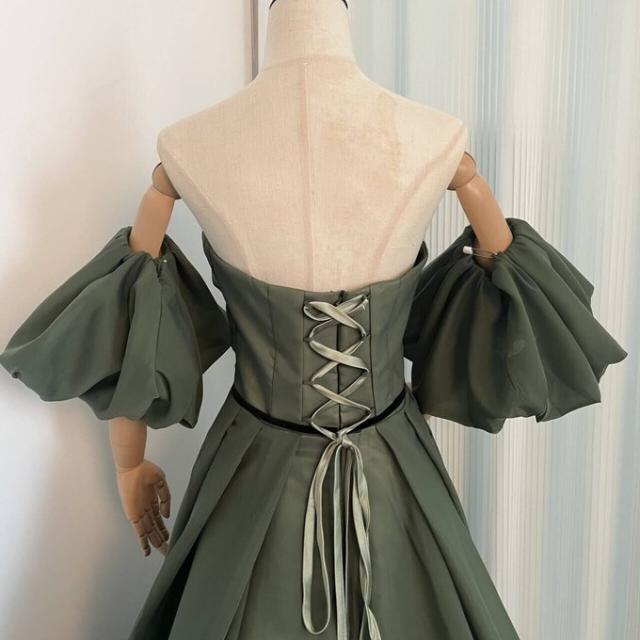 カラードレス カーキマリアージュ ベアトップ トレーン 取り外し袖  