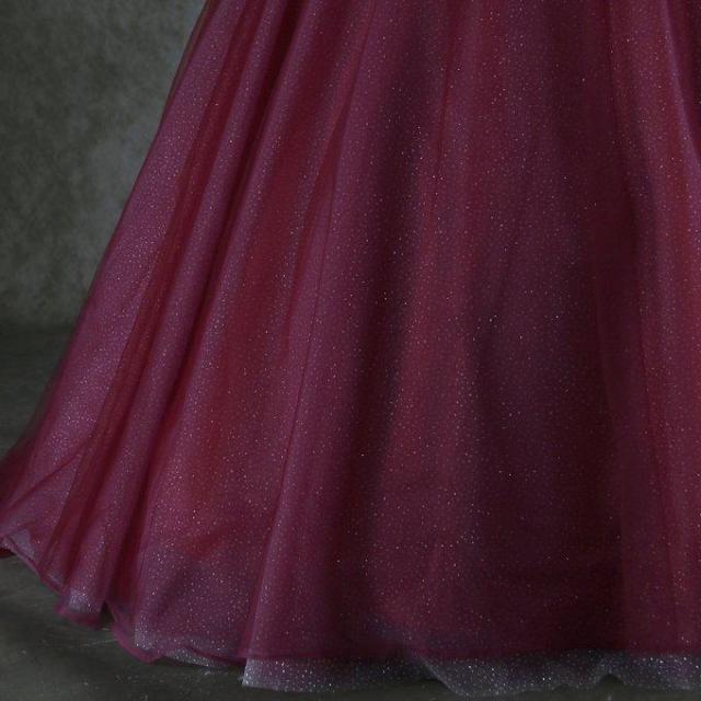 カラードレス ビビッドピンク プリンセスライン ベアトップ 繊細レース  