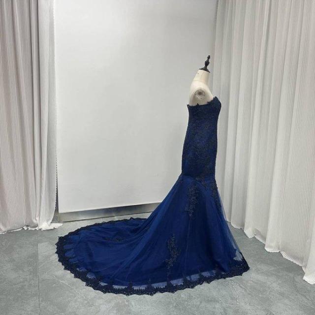 クラシカル カラードレス ネイビー ベアトップ マーメイドライン 2次会  