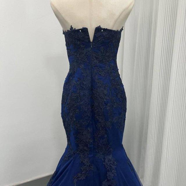 豪華！カラードレス ネイビー ベアトップ マーメイドライン 繊細レース  