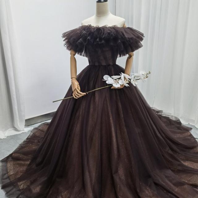 豪華！カラードレス ブラウン 取り外しオフショルダー ベアトップ  