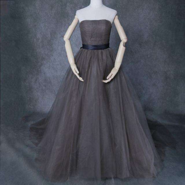 エレガント ウェディングドレス ブラウンです ベアトップ ソフトチュール サッシュベルト ビスチェ 二次会の通販は