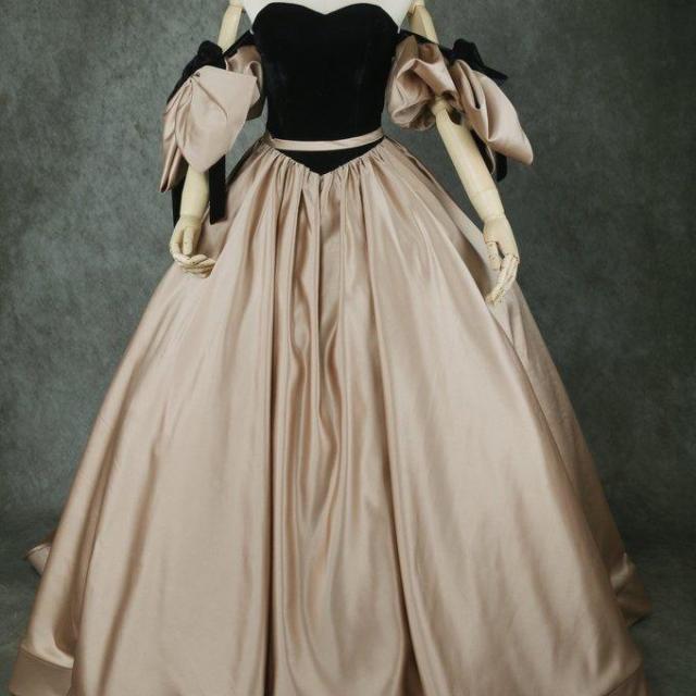 美品！カラードレス カーキ色 光沢サテン 取り外し袖 ベアトップ  