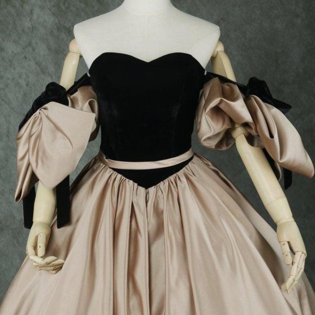 美品！カラードレス カーキ色 光沢サテン 取り外し袖 ベアトップ  