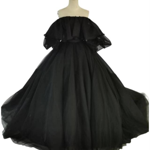 高品質！黒 Aラインドレス 取り外しオフショルダー ソフトチュール 拳  