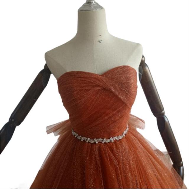 送料無料！カラードレス 茶色テラコッタ 柔らかく重ねたチュール  