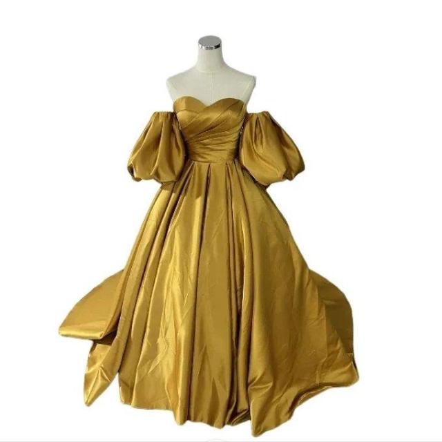 イエロー カラードレス ウエディング ベアトップ 取り外しパフスリーブ 豪華なバックリボン 花嫁/結婚式/披露宴 24,083円