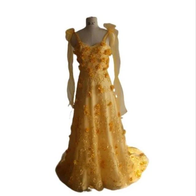 華やか カラードレス イエロー 繊細レース 可憐な花 背中見せ 花嫁/前撮りの通販は