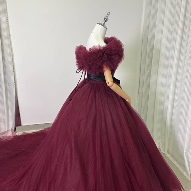 上品！カラードレス ボルドー色 取り外しオフショルダー サッシュ  