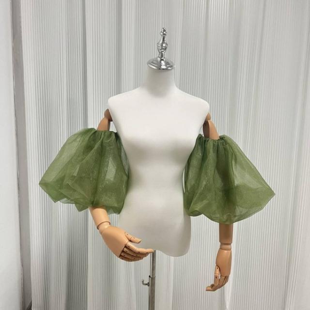 パフスリーブ 取り外し袖 グリーン キラキラチュール ストレッチ 色直し 花嫁/ウェディングドレスの通販は 7,372円