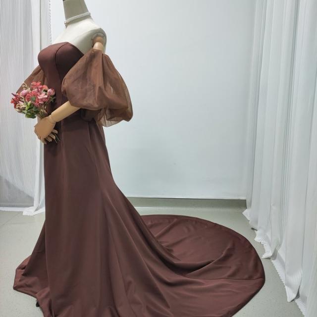 上品！カラードレス コーヒーの色 マーメイドライン ベアトップ パフスリーブ ファスナー 2次会/合コン