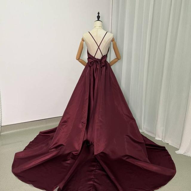 パーティードレス ワインレッド キャミソール 背中見せ トレーン 2次会  