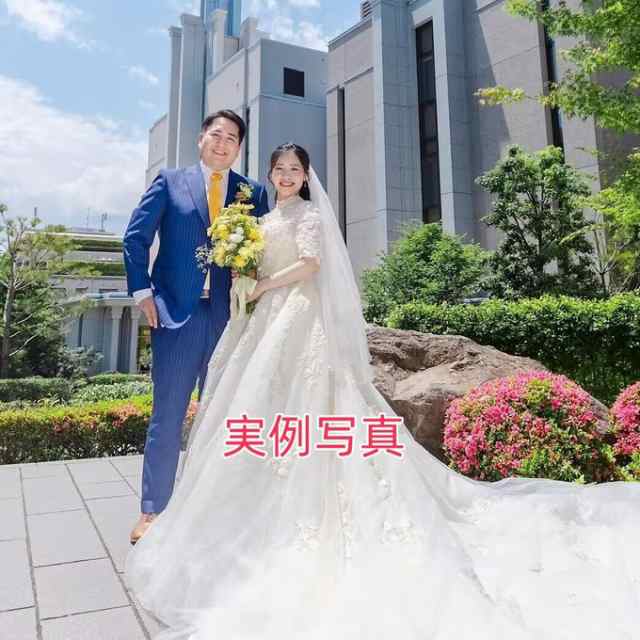 実例写真！ウェディングドレス 韓国風ドレス 半袖 プリンセスライン 華やかなトレーン 結婚式