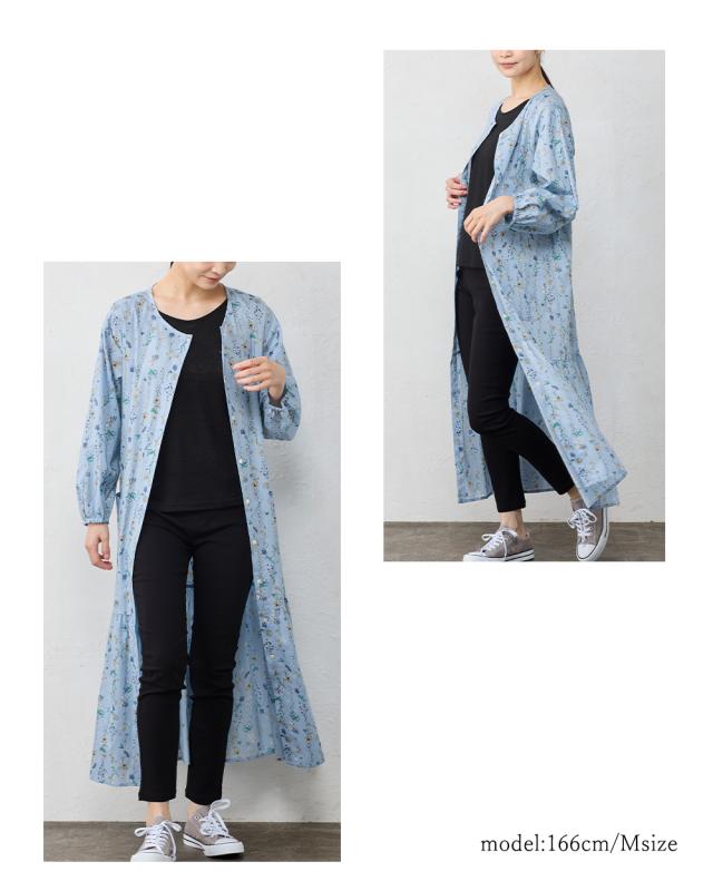 【日本製】 綿100 花柄ギャザーワンピース 長袖 ラウンドネック ポケットロング丈 レディース 花柄 綿 コットン オーバーサイズ 快適 羽織 重ね着 レイヤード ウエストリボン ギャザー切替 カジュアル フェミニン_9