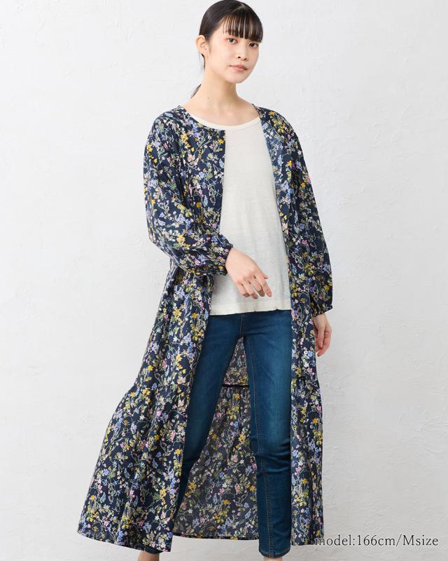 【日本製】 綿100 花柄ギャザーワンピース 長袖 ラウンドネック ポケットロング丈 レディース 花柄 綿 コットン オーバーサイズ 快適 羽織 重ね着 レイヤード ウエストリボン ギャザー切替 カジュアル フェミニン_15