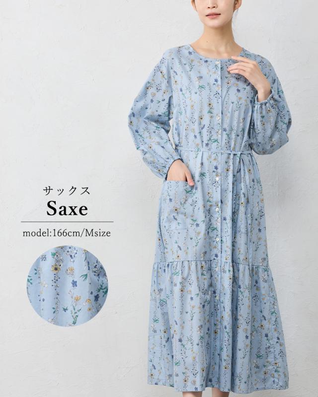 【日本製】 綿100 花柄ギャザーワンピース 長袖 ラウンドネック ポケットロング丈 レディース 花柄 綿 コットン オーバーサイズ 快適 羽織 重ね着 レイヤード ウエストリボン ギャザー切替 カジュアル フェミニン_7