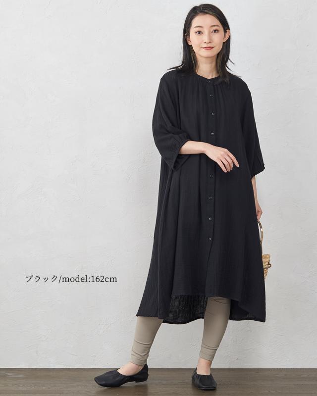 ワイズフォーリビング リネン100% シャツワンピース ロング 7分袖 黒 ロングワンピース レディース 夏 秋シャツワンピース ワンピース
