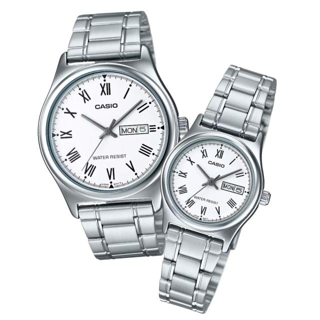カシオ ペアウォッチ 腕時計 メンズ レディース シルバー メタル 日付 曜日 シンプル CASIO 海外モデル ビジネス カップル お揃い プレゼント 収納ケース付き ペアギフト MTP-V006D-7B LTP-V006D-7B 成人 卒業 入学_1