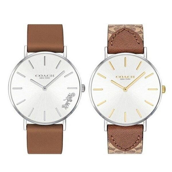 【ペアボックス付】コーチ 腕時計 手表 ペアウォッチ ペリー おそろい 同サイズ シンプル スリム レザー ブラウン シグネチャー柄 1450312014503121 誕生日プレゼント 卒業 入学 お祝いの通販は