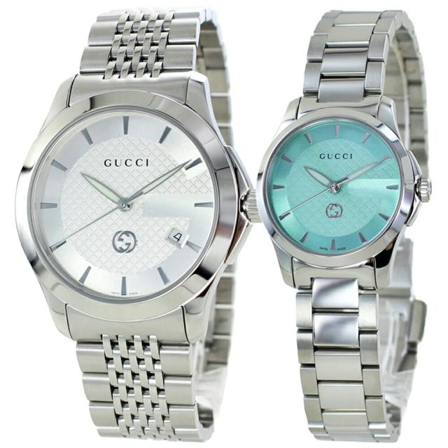 ペアウォッチ グッチ ペア 腕時計 手表 婚約 結婚 記念日 両親 プレゼント 高級時計 GUCCI Gタイムレス メンズ レディース お揃い カップル ペアギフト シルバー ターコイズブルー ブレスレットウォッチ　成人 卒業 入学