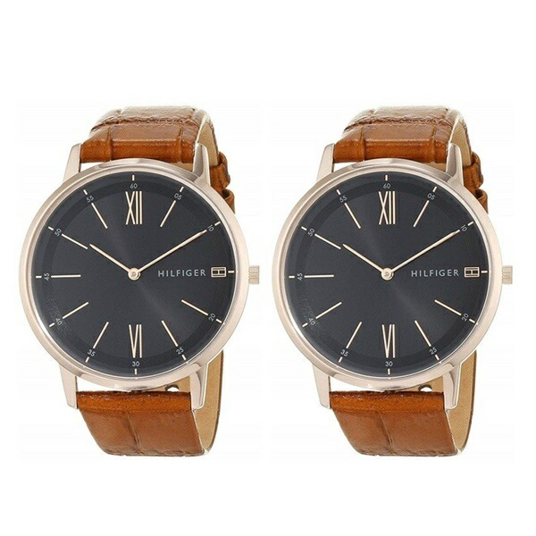 【ペア収納ケースつき】トミーヒルフィガー 腕時計 手表 ペアウォッチ ペアルック 黒文字盤 ブラウンレザー 同じサイズ おそろいペア スリム とけい 17915161791516 誕生日プレゼント 卒業 入学 お祝いの通販は