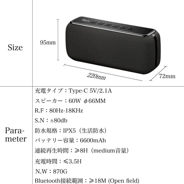 Bluetooth 5.0スピーカー 60W大音量 重低音 高音質 ブルートゥーススピーカー TWS 2台ペアリング IPX5 生活防水 車 アウトドア 小型 ポータブルワイヤレススピーカー 大容量バッテリー マイク内蔵 TF micro SDカード ハンズフリー通話 Aux有線対応 スマホ タブレット テレビ_12