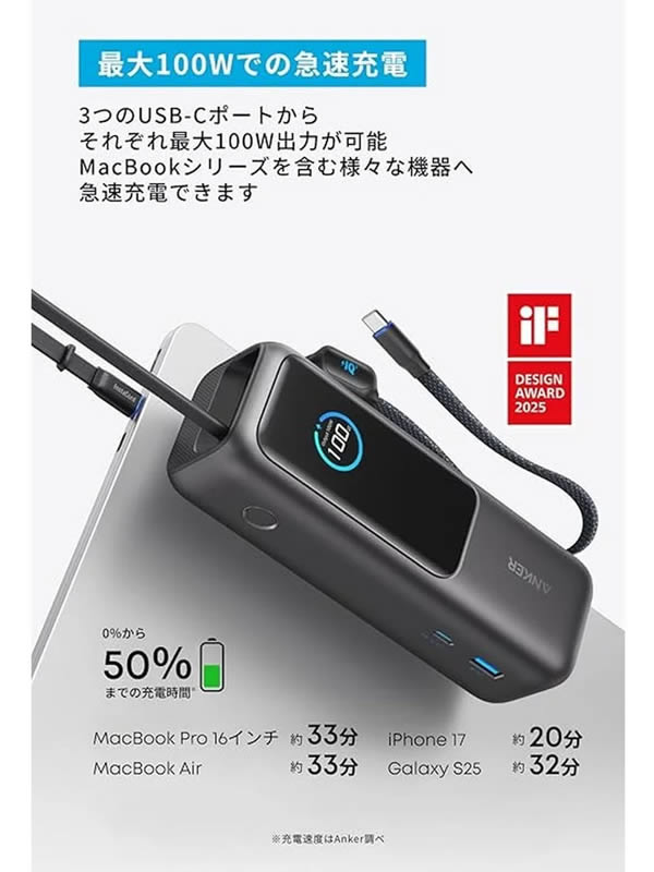 送料無料】Anker Power Bank (25000mAh, Built-In & 巻取り式USB-C