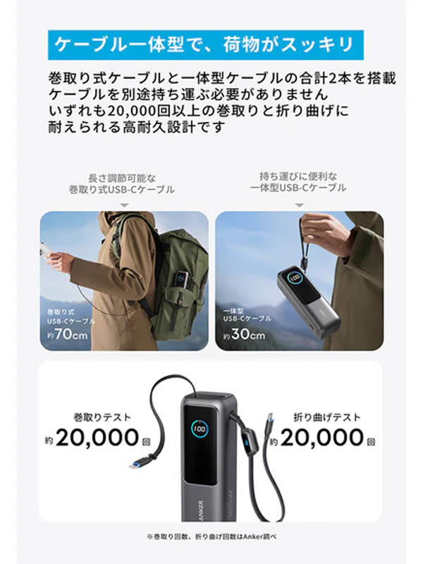 送料無料】Anker Power Bank (25000mAh, Built-In & 巻取り式USB-C