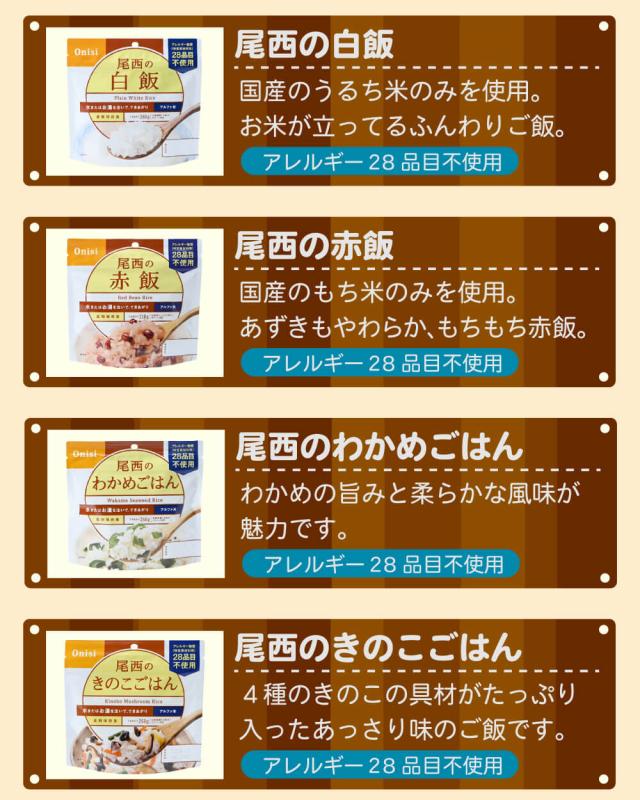 非常食セット 尾西食品 アルファ米 32食セット 全16種類x各2袋コンプリートセット 5年保存食 防災マニュアル付 アレルギー対応食入 尾西のアルファー米 onisi 賞味期限5年保存 防災用品 備蓄品_3