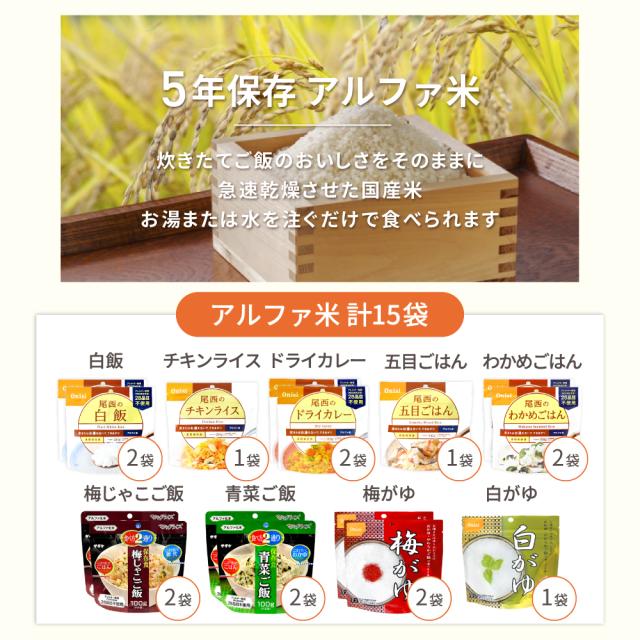 5人用/3日分(45食) 非常食セット【10年保存水付】アルファ米/パンの缶詰 家族5人分 3日間生きのびる (防災食 防災 食品 尾西 携帯おにぎり サタケ 安心米 保存食 防災セット 防災グッズ 災害備蓄用パン