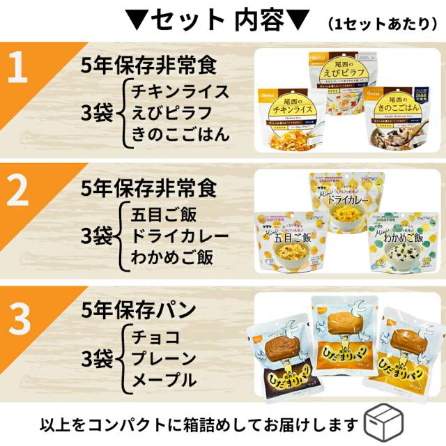 3日間分 非常食セット 8セット(72食分) 5年保存食 詰め替え可能 B アルファ米 マジックライス 保存パン 保存水 長期保存 3日間生きのびる 防災食 保存食 尾西 サタケ 防災グッズ 災害備蓄 ローリングストック HST5B08_2