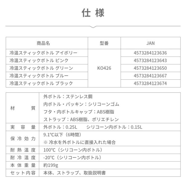 冷温スティックボトル 5色 10本セット 熱中症対策用品 オールシーズン 3WAY ストラップ付き 冷温ボトル 企業 団体用 セット販売 冷却グッズ 湯たんぽ アイスパック スリムボトル 自治体 法人向け まとめ買い KO426 RABLISS_16