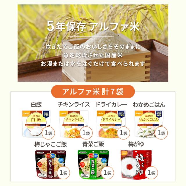 非常食セット 5セット ( 105食 ) 1人用 7日分 21食 5年保存 まとめ買い 保存食 防災食 非常用食品 ご飯 お米 アルファ米 パン おにぎり 5年 7日間分 PEACEUP_3