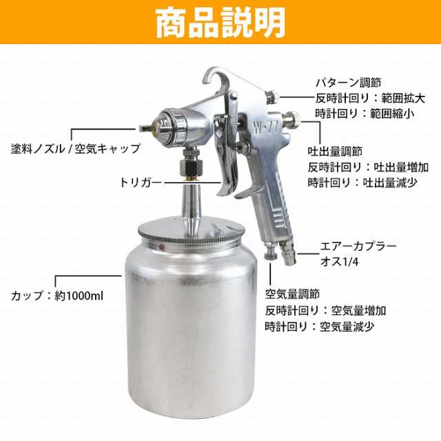 口径サイズ1.5mm】吸上式 エアースプレーガン 1000ml 下カップ 板金