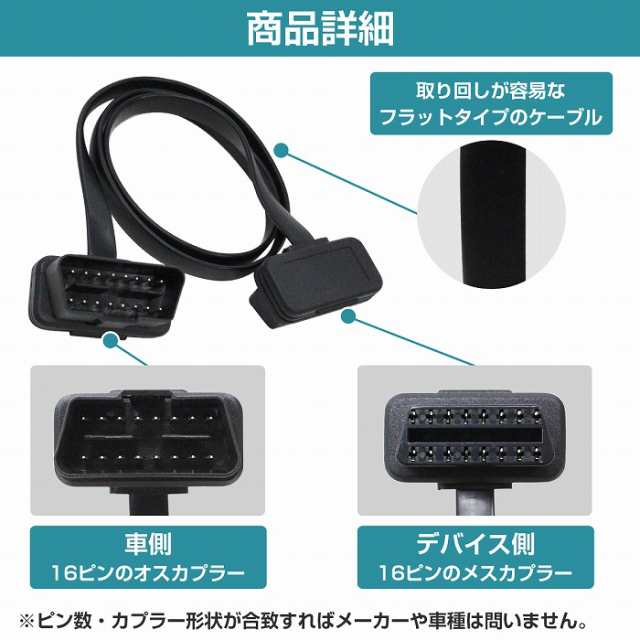 フラット延長ケーブル OBD2 OBDII 16ピン 16pin 延長配線 厚さ2.6ミリ