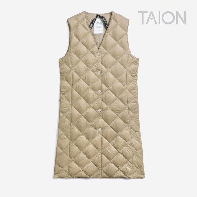 ・TAION｜W City Single Long Down Gilet/ タイオン/シティー シングル ロング ダウン ジレ/グレー ベージュ #