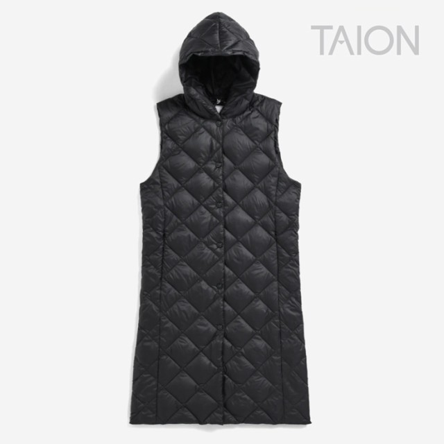 ・TAION｜W City Hood Long Down Gilet/ タイオン/シティ フード ロング ダウン ジレ/ブラック #