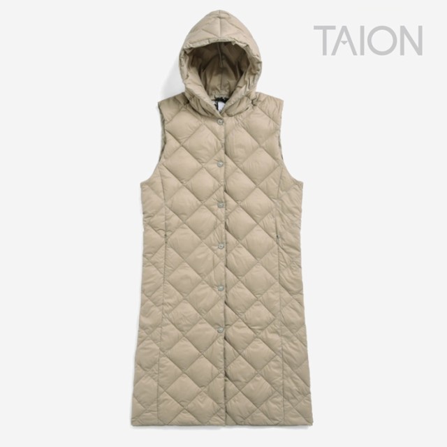 ・TAION｜W City Hood Long Down Gilet/ タイオン/シティ フード ロング ダウン ジレ/グレー ベージュ #