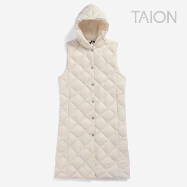 ・TAION｜W City Hood Long Down Gilet/ タイオン/シティ フード ロング ダウン ジレ/オフ ホワイト #