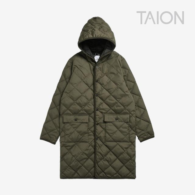 ・TAION｜City Piping Hood Long Down Coat/ タイオン/シティー パイピング フード ロング ダウン コート/ダーク オリーブ #の通販は