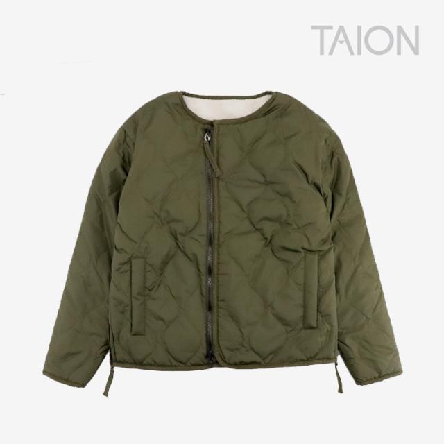・TAION｜Military sible Crew Neck Down Jacket Boa Liner/ タイオン/ミリタリー リバーシブル クルーネック ダウン ジャケット ボア インナー/ダークオリーブｘクリーム #