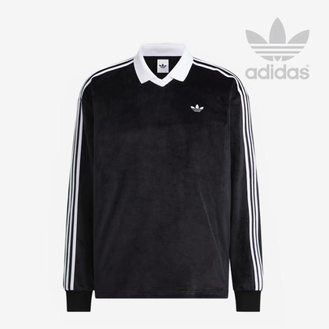 ・ADIDAS Originals｜Velour LS Polo Shirt V-Neck/ アディダス/ベロア ロングスリーブ ポロ シャツ Vネック/ブラック #