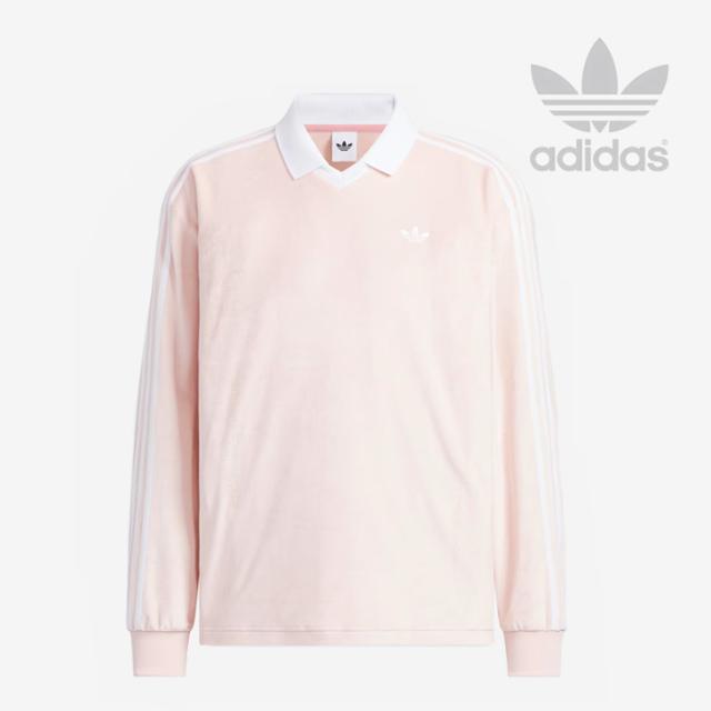 ・ADIDAS Originals｜Velour LS Polo Shirt V-Neck/ アディダス/ベロア ロングスリーブ ポロ シャツ Vネック/サンディーピンク #