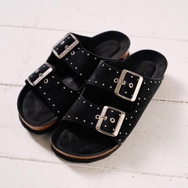 ・GENUINS｜W Honolulu Lead Velour Double Buckle Slide Sandal/ ジェヌインズ/ホノルル リード ベロア ダブル バックル スライド サンダル/ブラック #_3